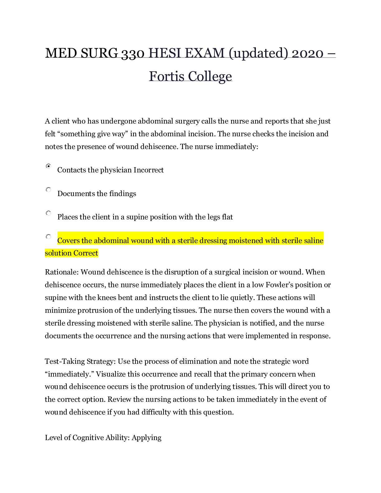 MED SURG 330 HESI EXAM 2022/2023 – Fortis College | MEDSURG 330 HESI EXAM_94% Score